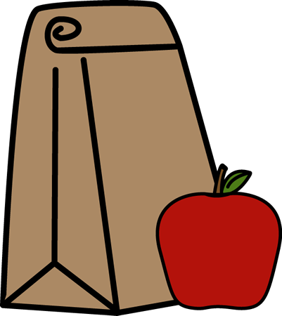 A brown paper lunch bag stands next to a bright red apple.