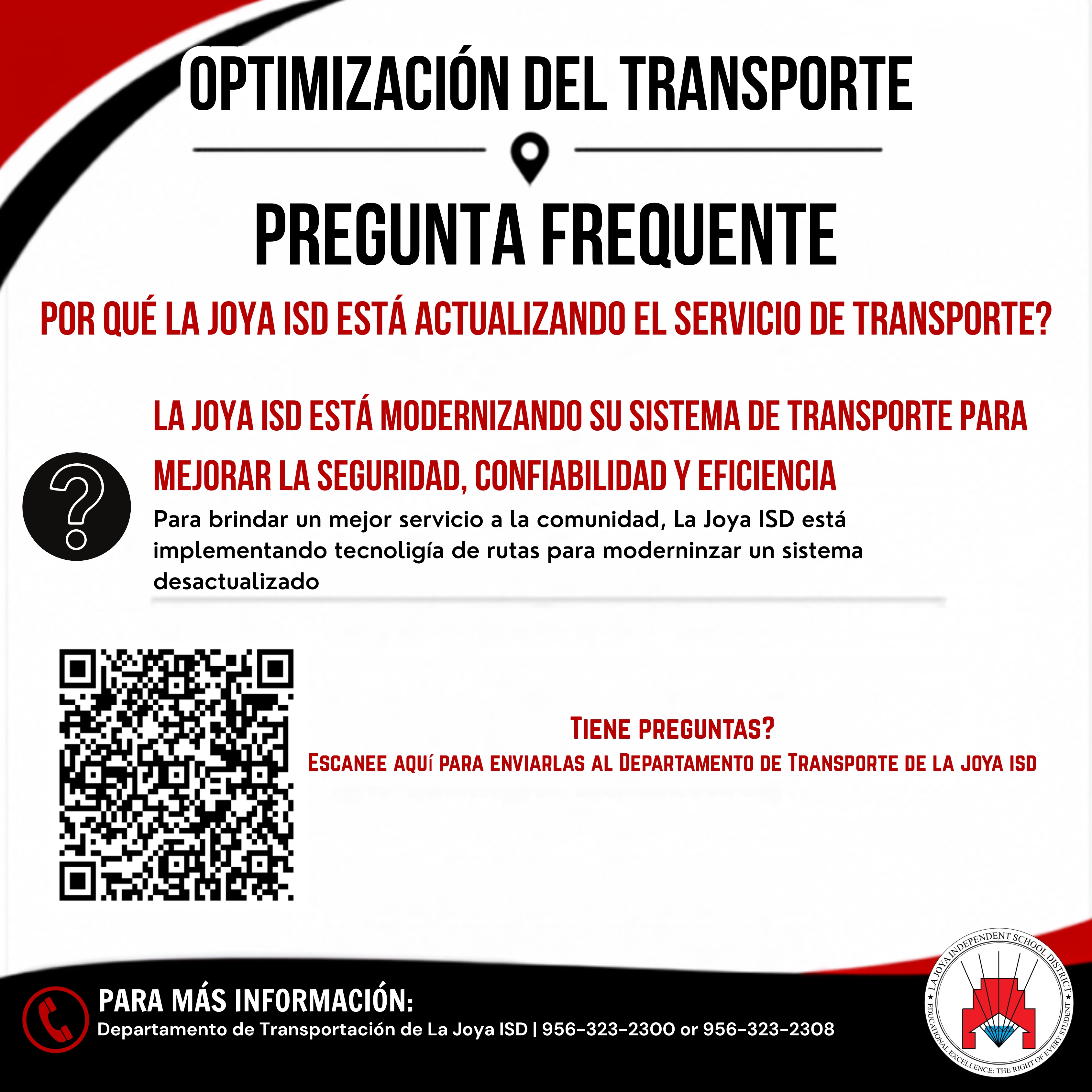 A graphic announces "Optimización del Transporte" (Transportation Optimization) and "Pregunta Frequente" (Frequently Asked Question) in Spanish.