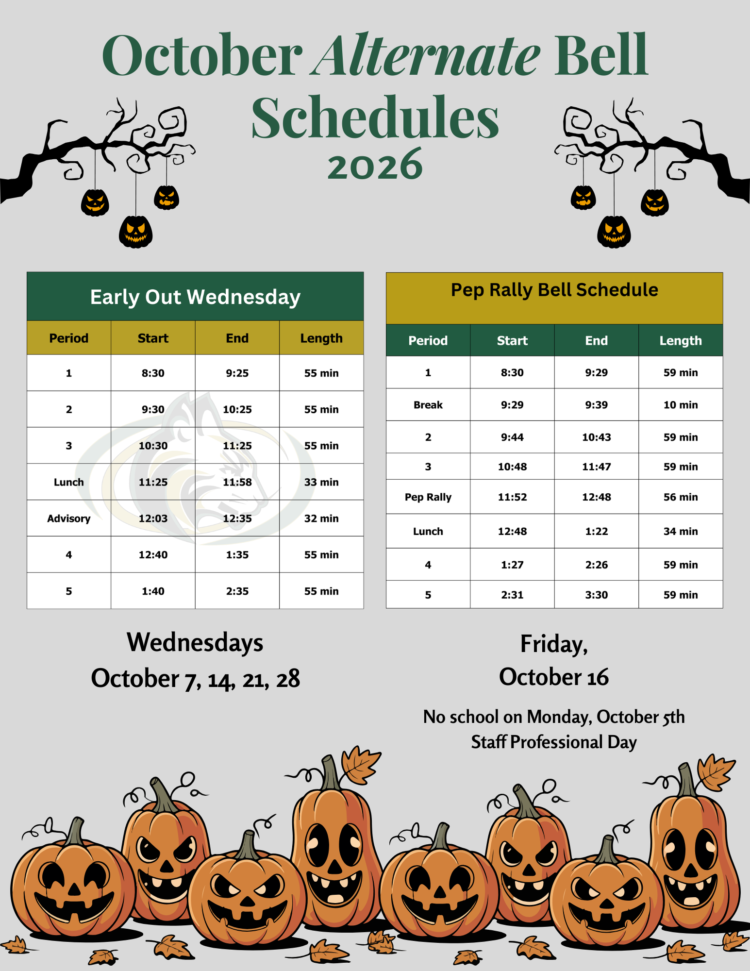October 2026 Alternate Bell Schedules