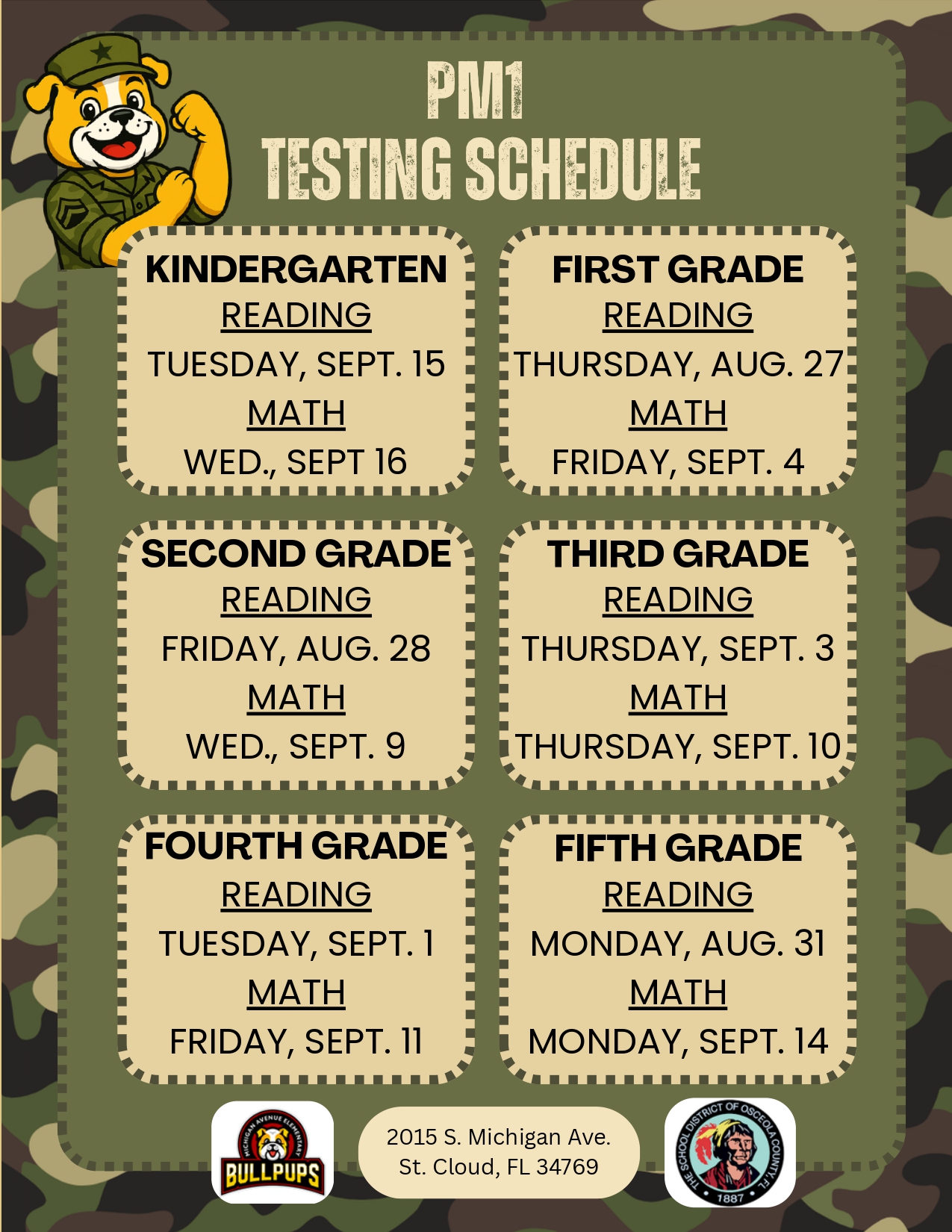 Families, please review our PM1 Testing Schedule!