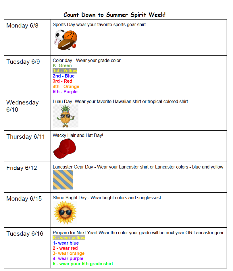 A schedule for 'Count Down to Summer Spirit Week!' with daily themes and dates from June 8th to June 16th.