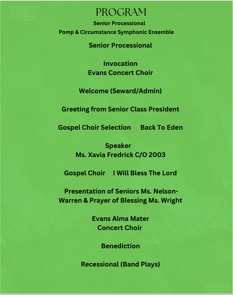 A program for a senior event lists musical selections and speakers.