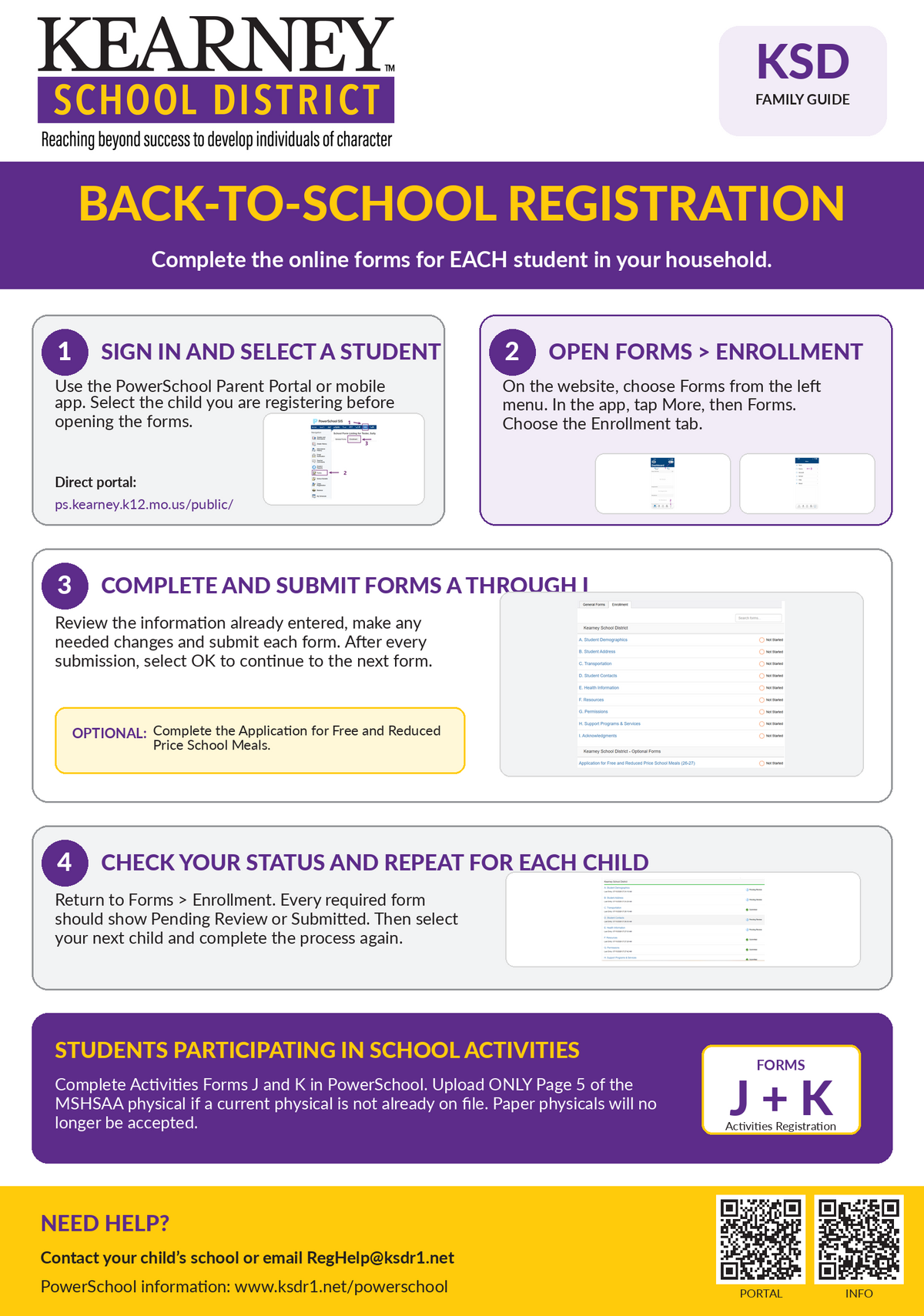 Kearney School District's Back-to-School Registration guide outlines four steps for completing online forms.
