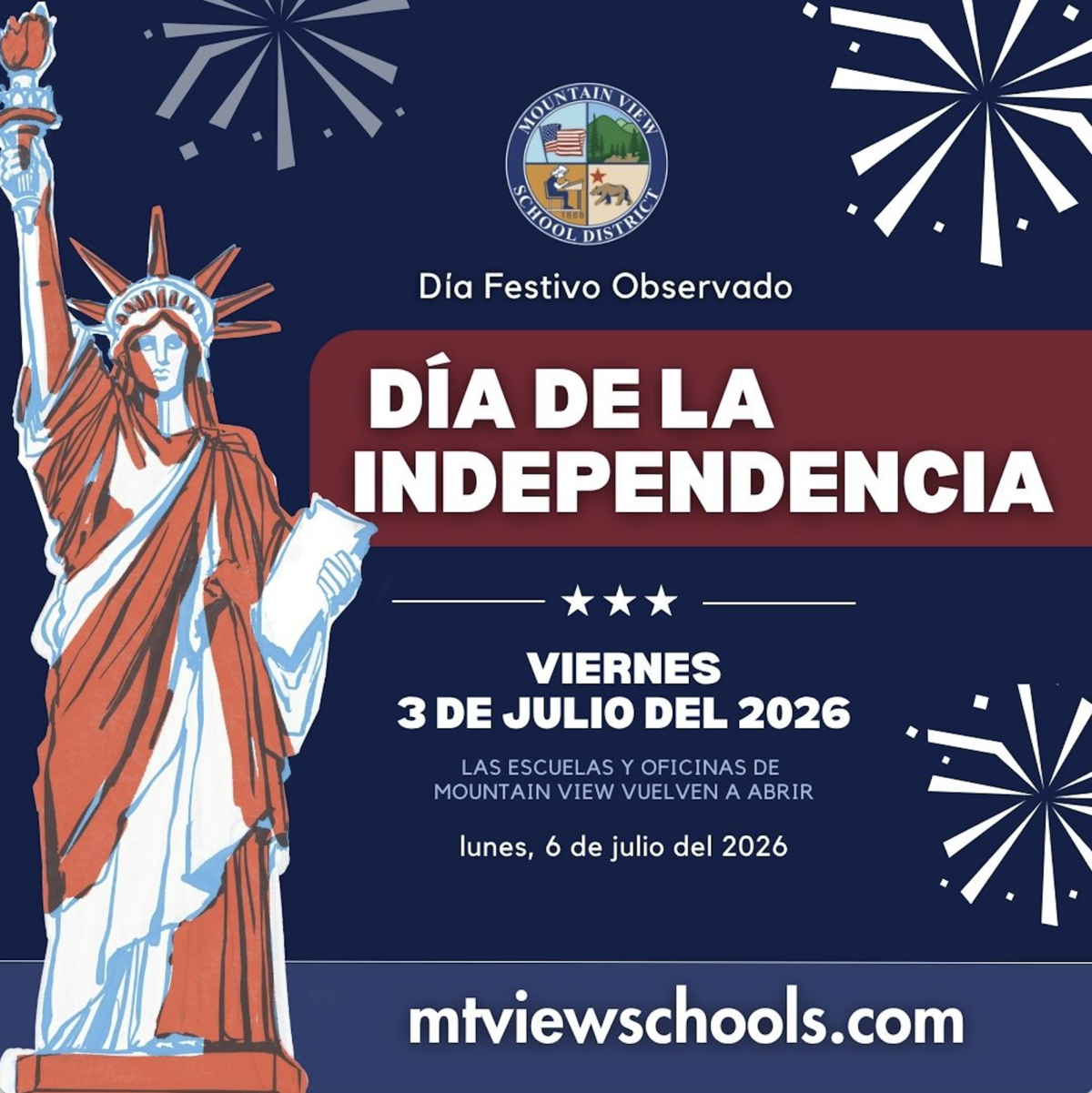 Gráfico del Distrito Escolar Mountain View anunciando el Día de la Independencia como día festivo observado. El diseño incluye la Estatua de la Libertad, fuegos artificiales y el logotipo del distrito sobre un fondo azul patriótico. El texto informa que las escuelas y oficinas del distrito estarán cerradas el viernes 3 de julio de 2026 y reanudarán sus actividades el lunes 6 de julio de 2026. El sitio web mtviewschools.com aparece en la parte inferior.
