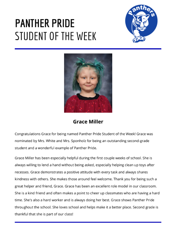 Panther Pride Elementary Student of the Week 10/26/26-10/30/26 