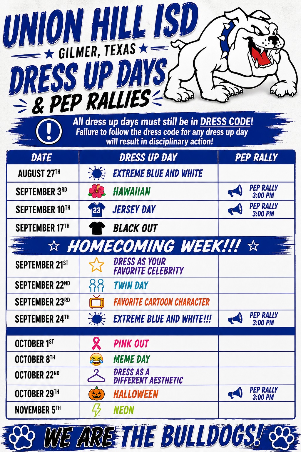 Pep Rally and Junior High / High School Dress Up Day Schedule!  