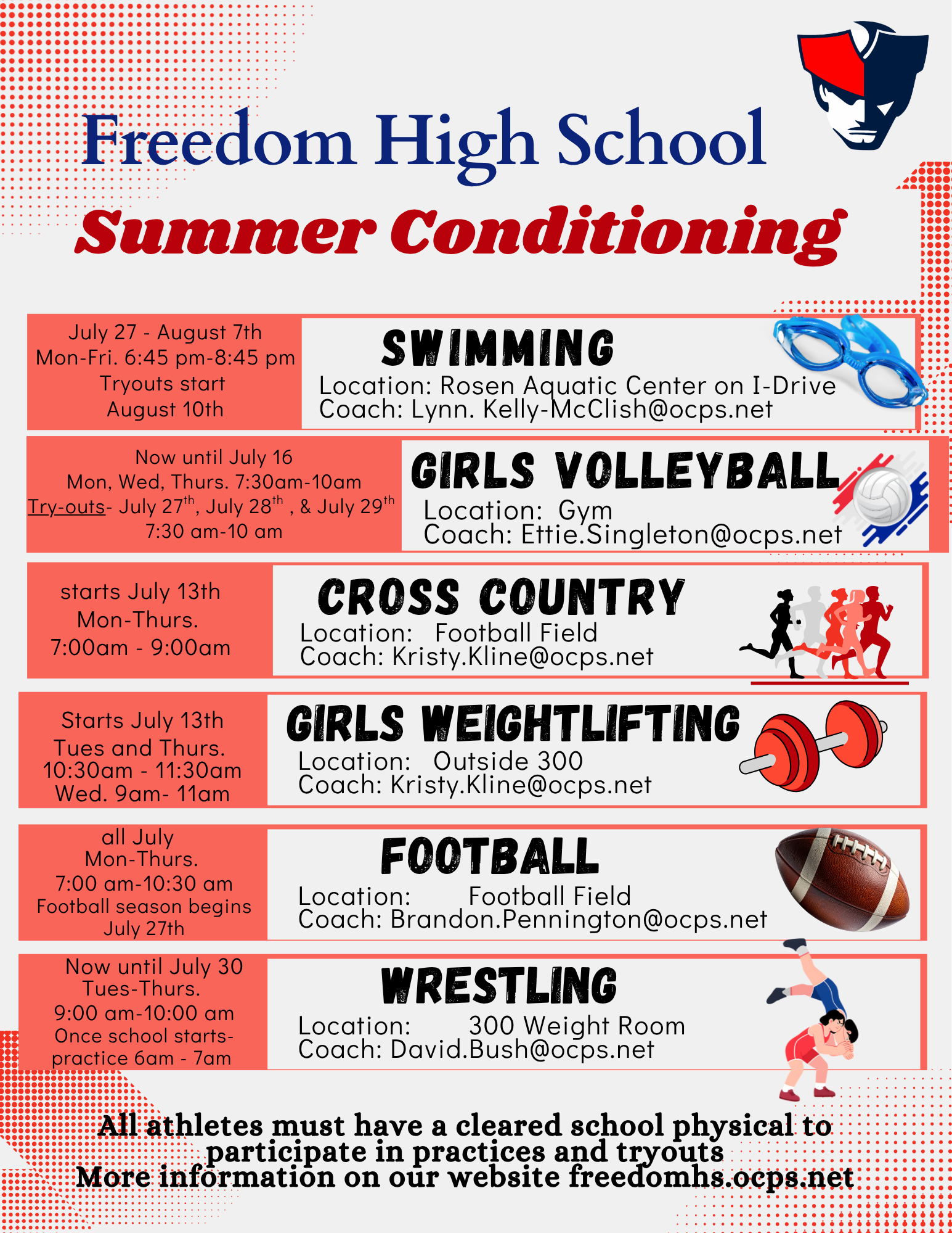 Freedom High School Summer Conditioning flyer lists sports, schedules, locations, and coaches.