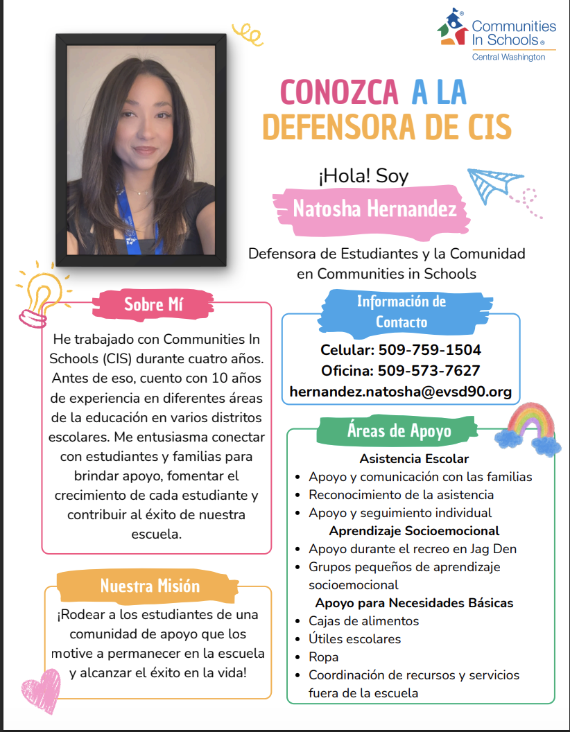 A flyer featuring a portrait of Natosha Hernandez, Student and Community Defender for Communities In Schools Central Washington, including contact info.