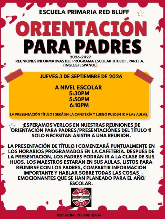 A flyer for Red Bluff Elementary School announcing a parent orientation meeting in Spanish on September 3, 2026.