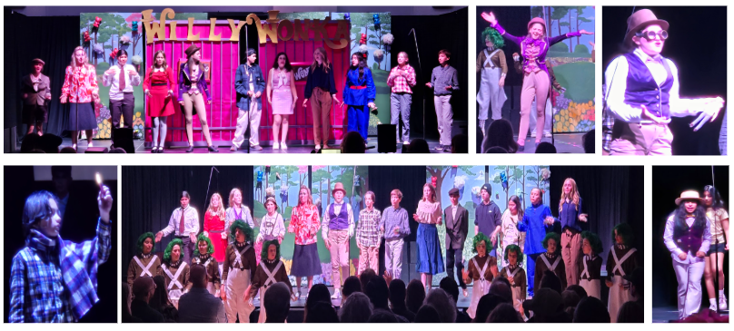 A group of young actors perform a scene from Willy Wonka on stage.