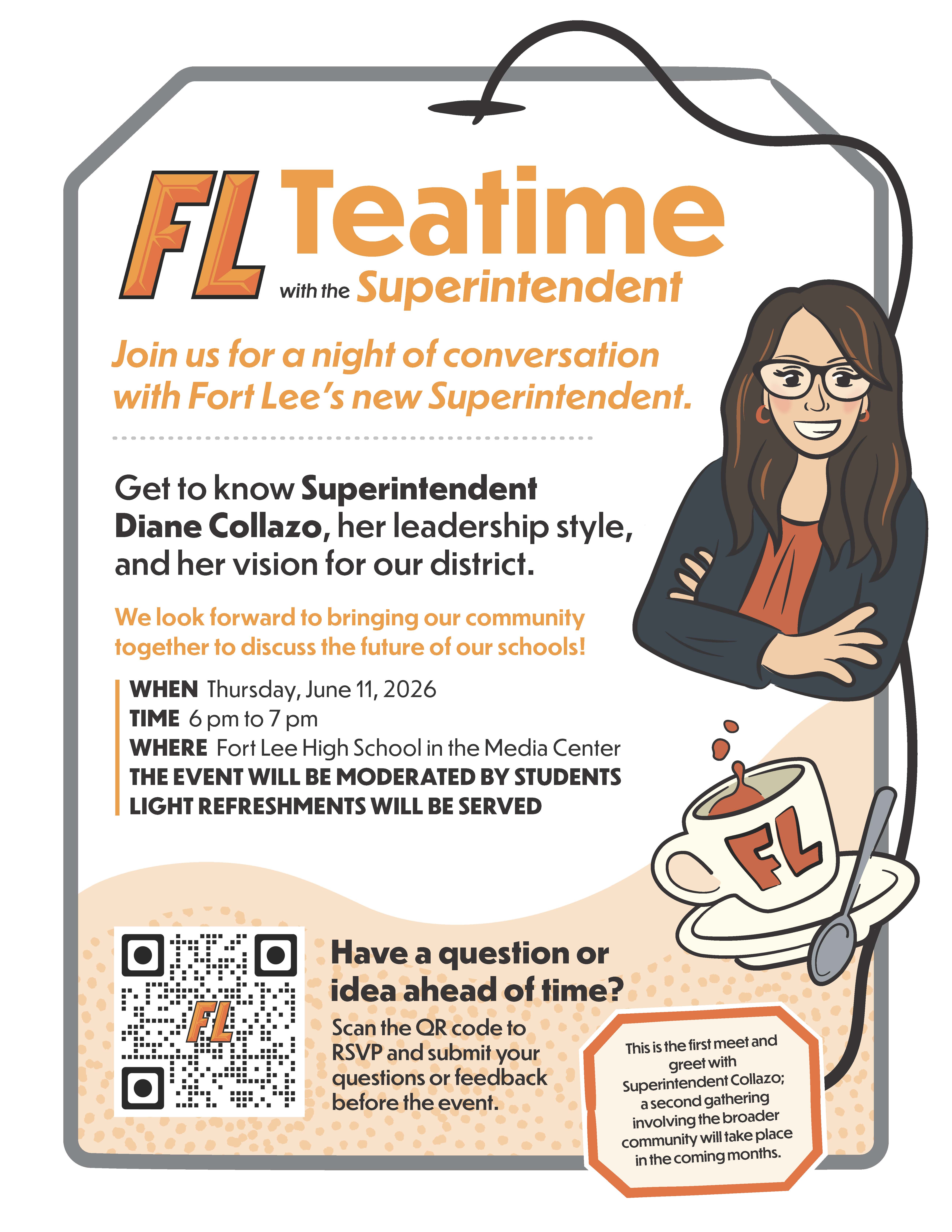 Invitation to 'FL Teatime with the Superintendent' featuring Diane Collazo on June 11, 2026, at Fort Lee High School.