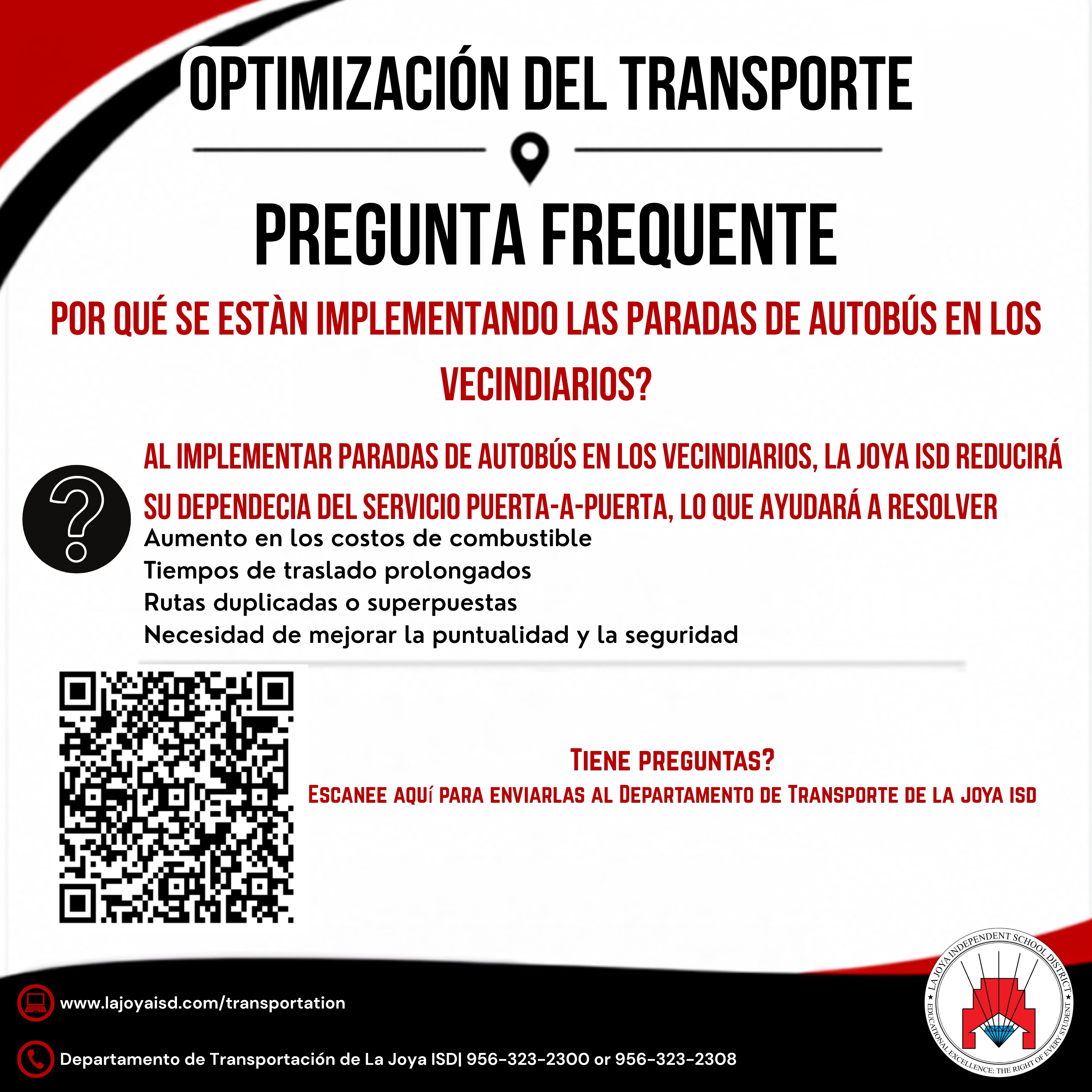 Infographic explaining the optimization of transportation with a frequently asked question about implementing bus stops in neighborhoods.