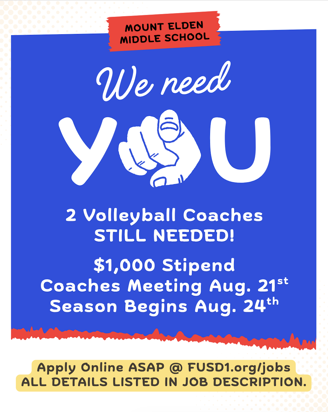 We still need 2 more volleyball coaches @ MEMS! Please consider and apply ASAP!!