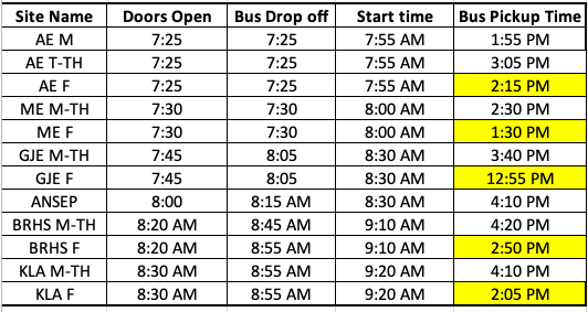 Bethel Schools Start Times with Changes to AE, GJE, and BRHS End of Day Schedules