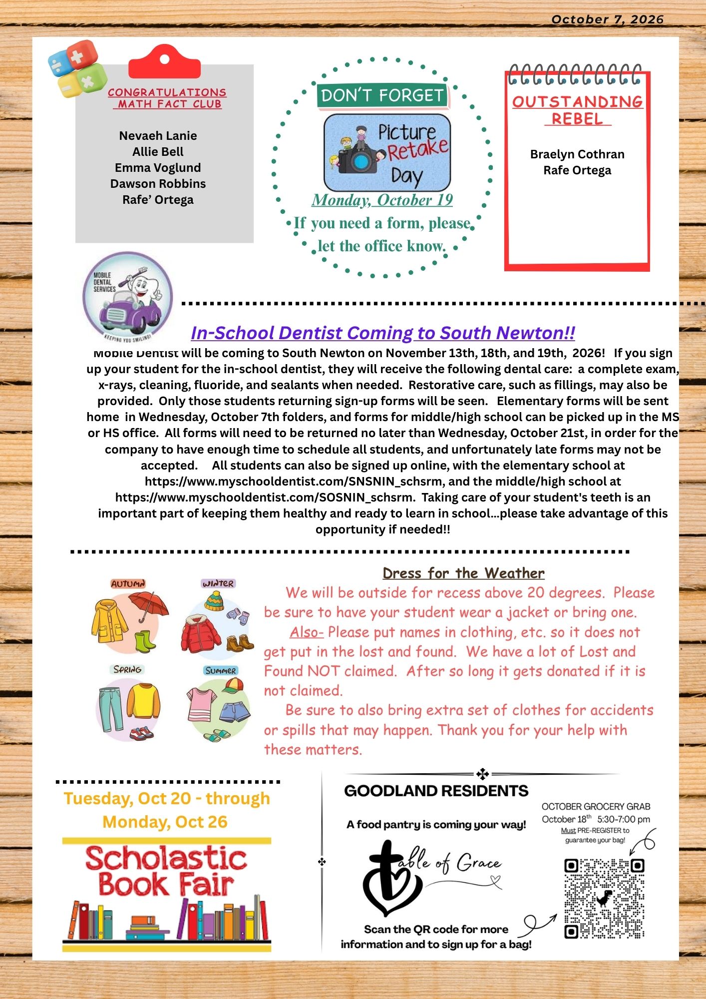 A school newsletter with announcements, including Math Fact Club, Picture Retake Day, and an in-school dentist visit.