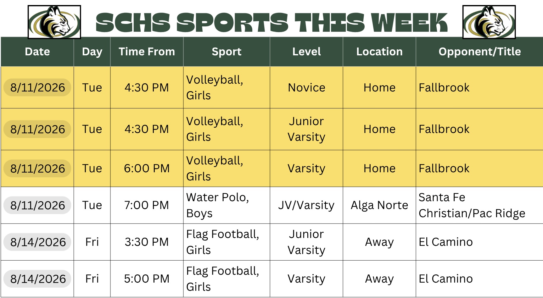 SCHS SPORTS THIS WEEK