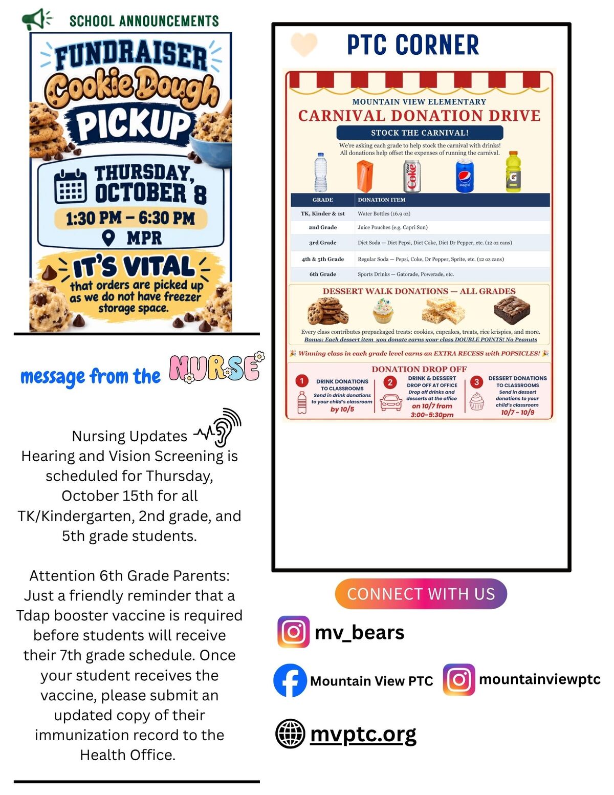 A school newsletter featuring announcements for a cookie dough pickup, a carnival donation drive, and nurse updates.