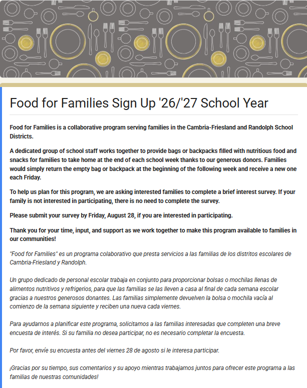 Food for Families Sign Up '26/'27 School Year