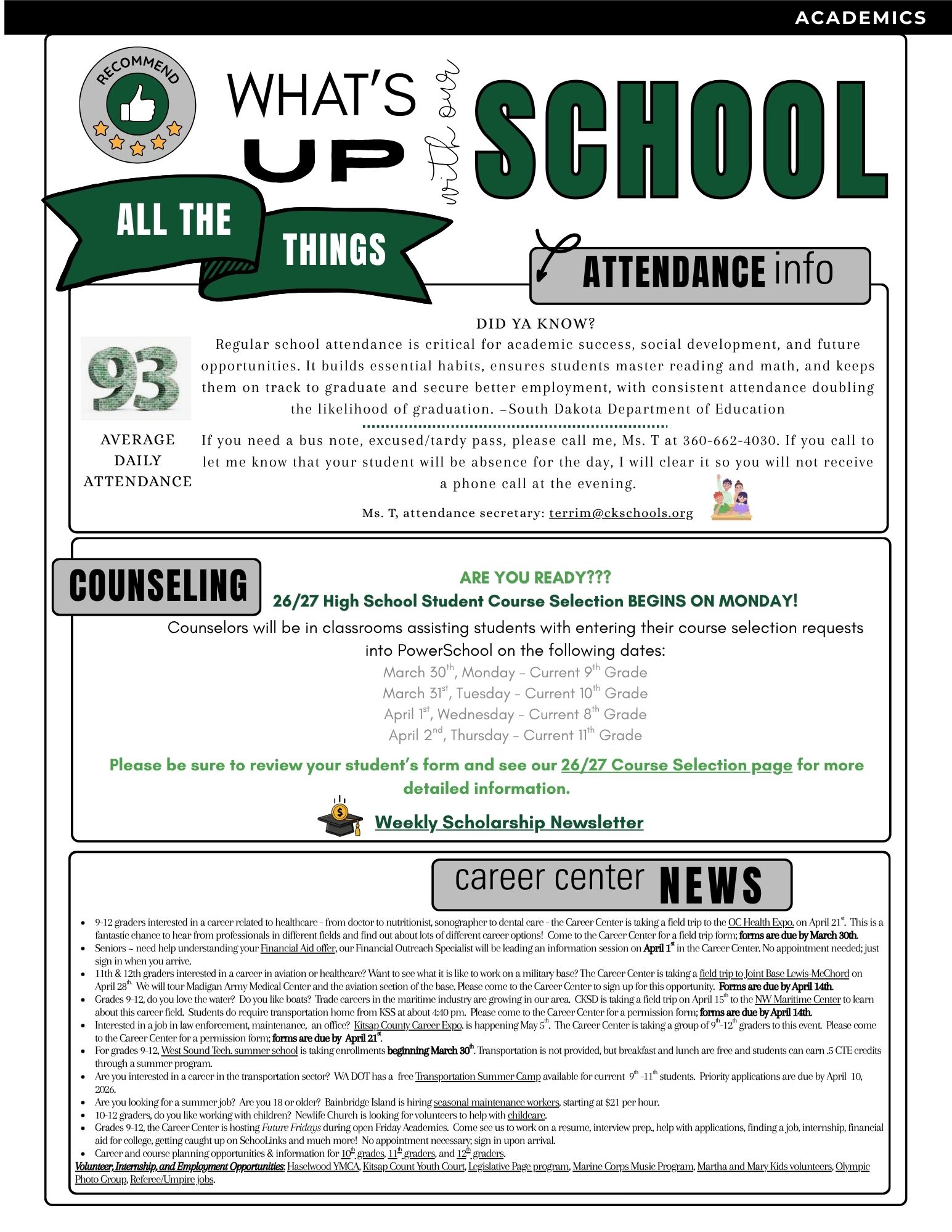 A school newsletter titled 'What's Up With Our School' features sections on Academics, Attendance Info, Counseling, and Career Center News.