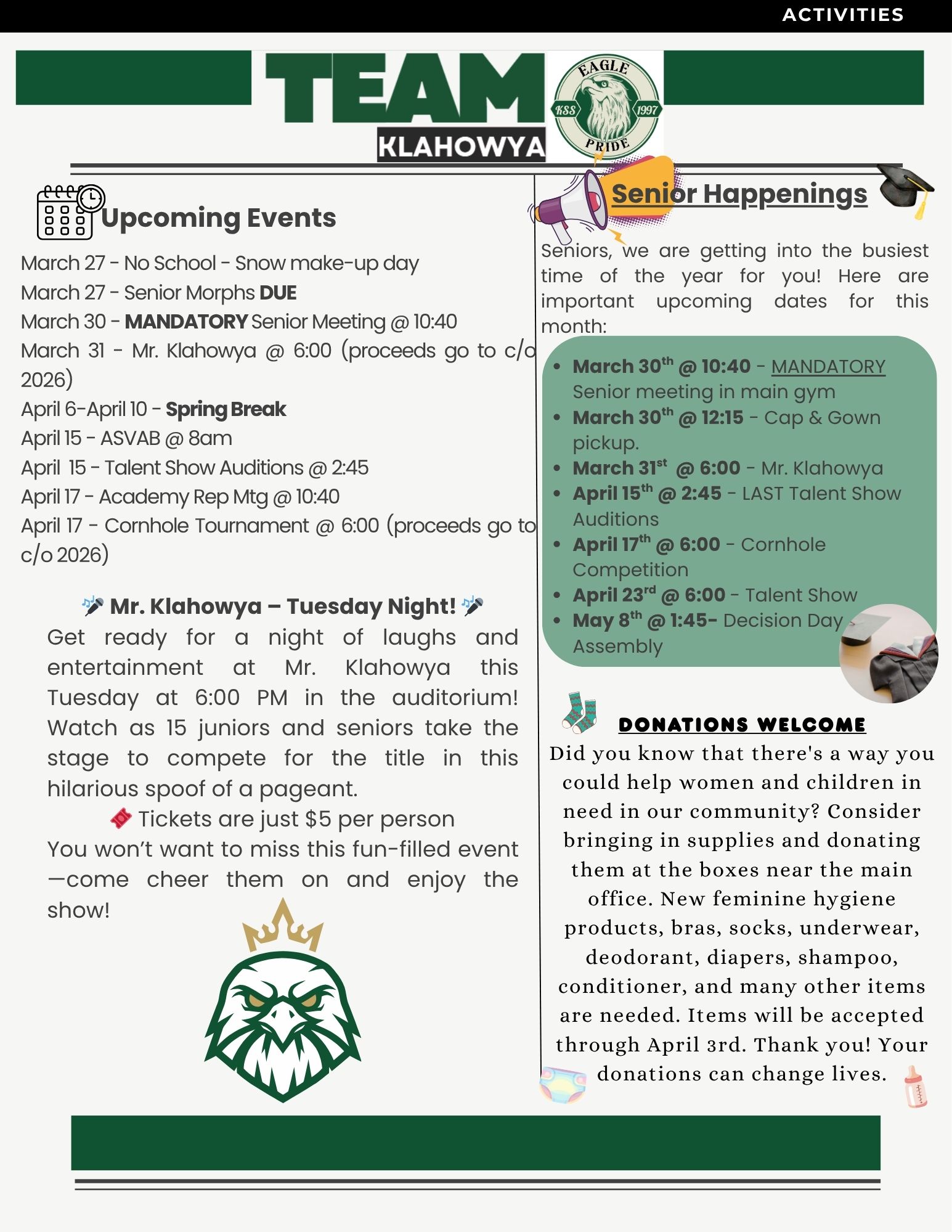 A flyer for Klahowya High School announces upcoming events and senior happenings, including a Mr. Klahowya pageant and donation drive.
