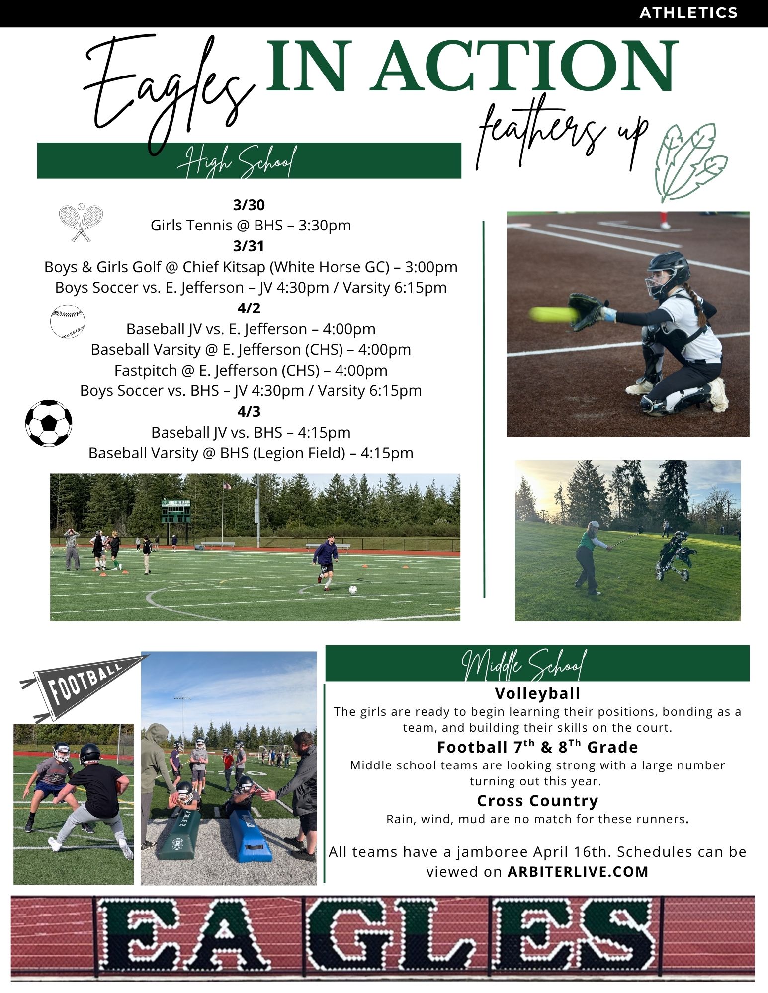 A graphic displays the 'Eagles IN ACTION' theme with high school sports schedules and images of athletes.