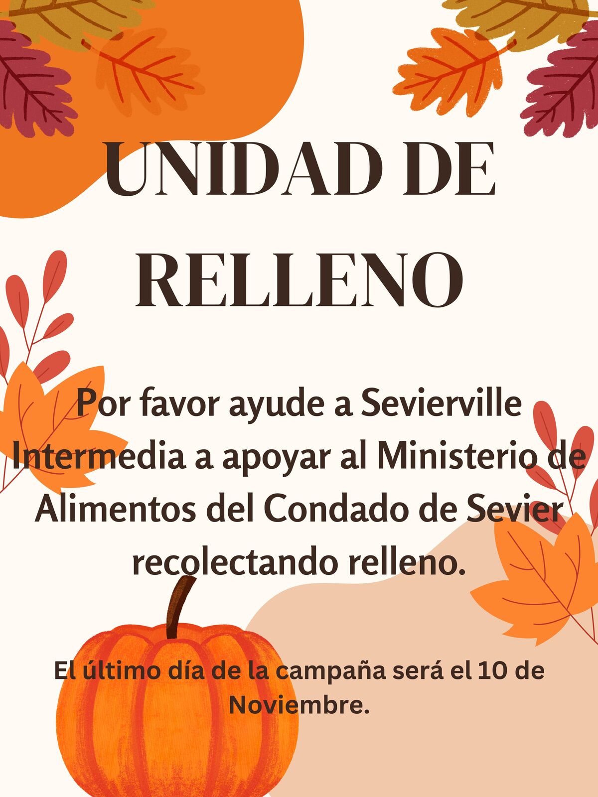 A flyer with autumn leaves and a pumpkin, featuring Spanish text about a stuffing donation drive for Sevier County.