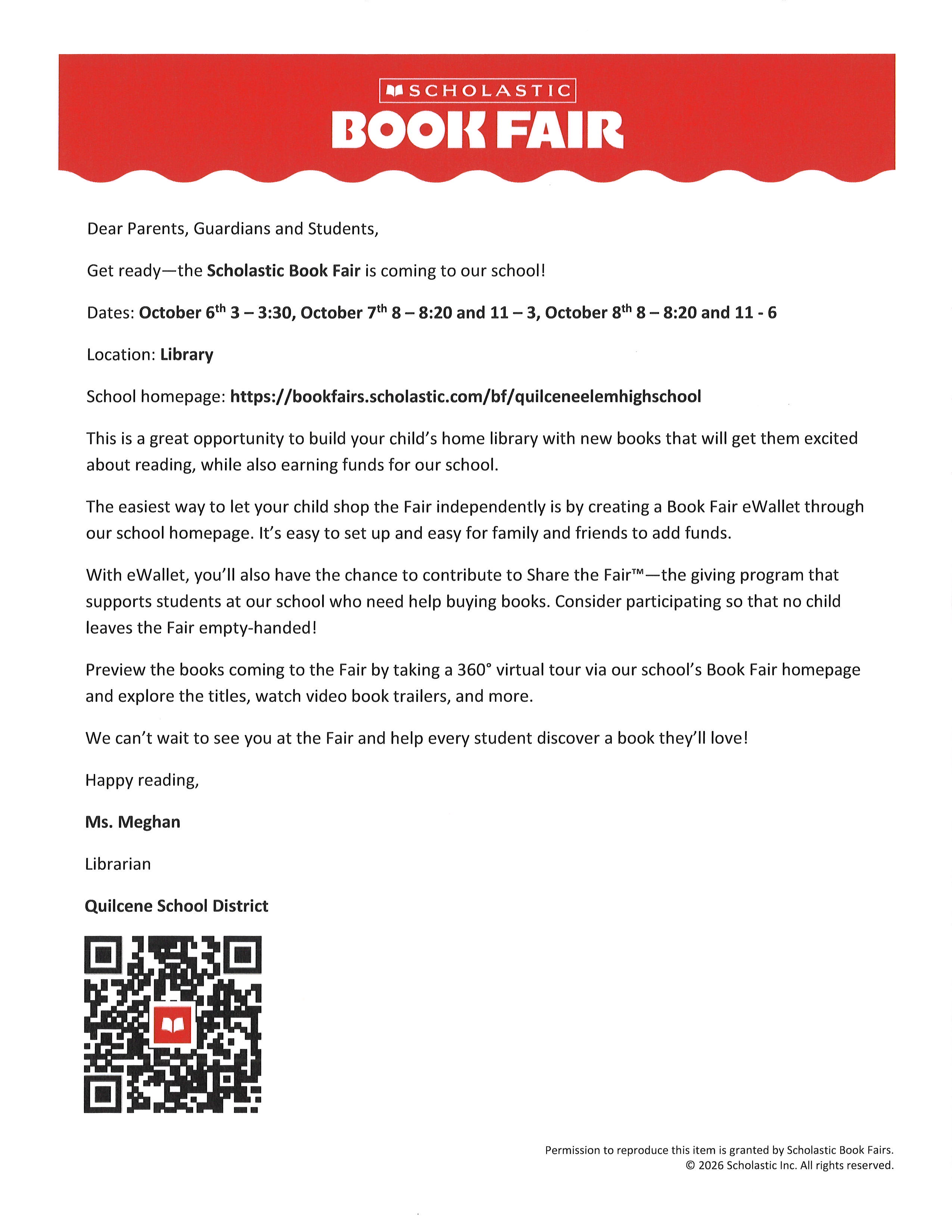 Book Fair - Letter from Ms. Meghan