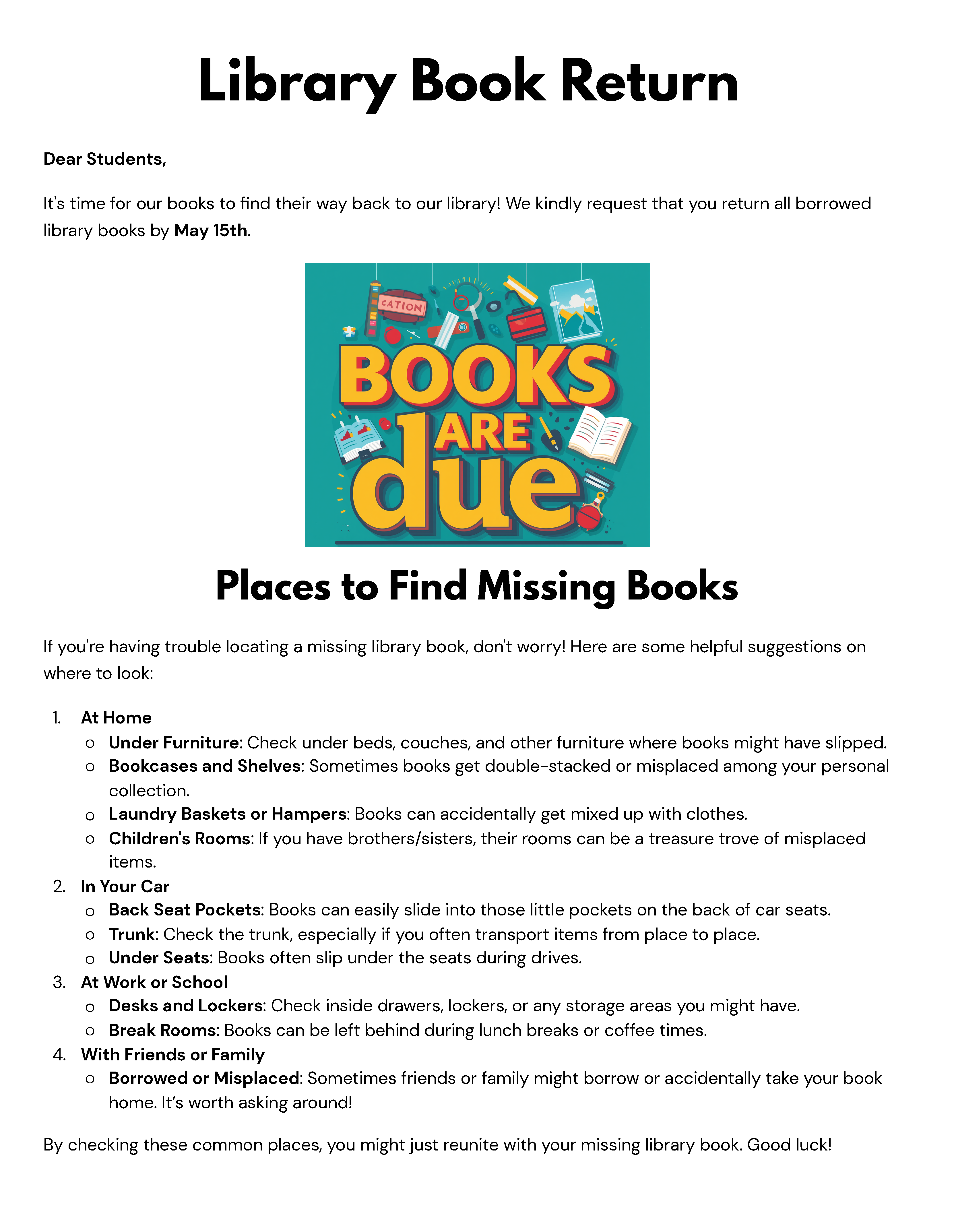 Library Book Return Deadline 5/15