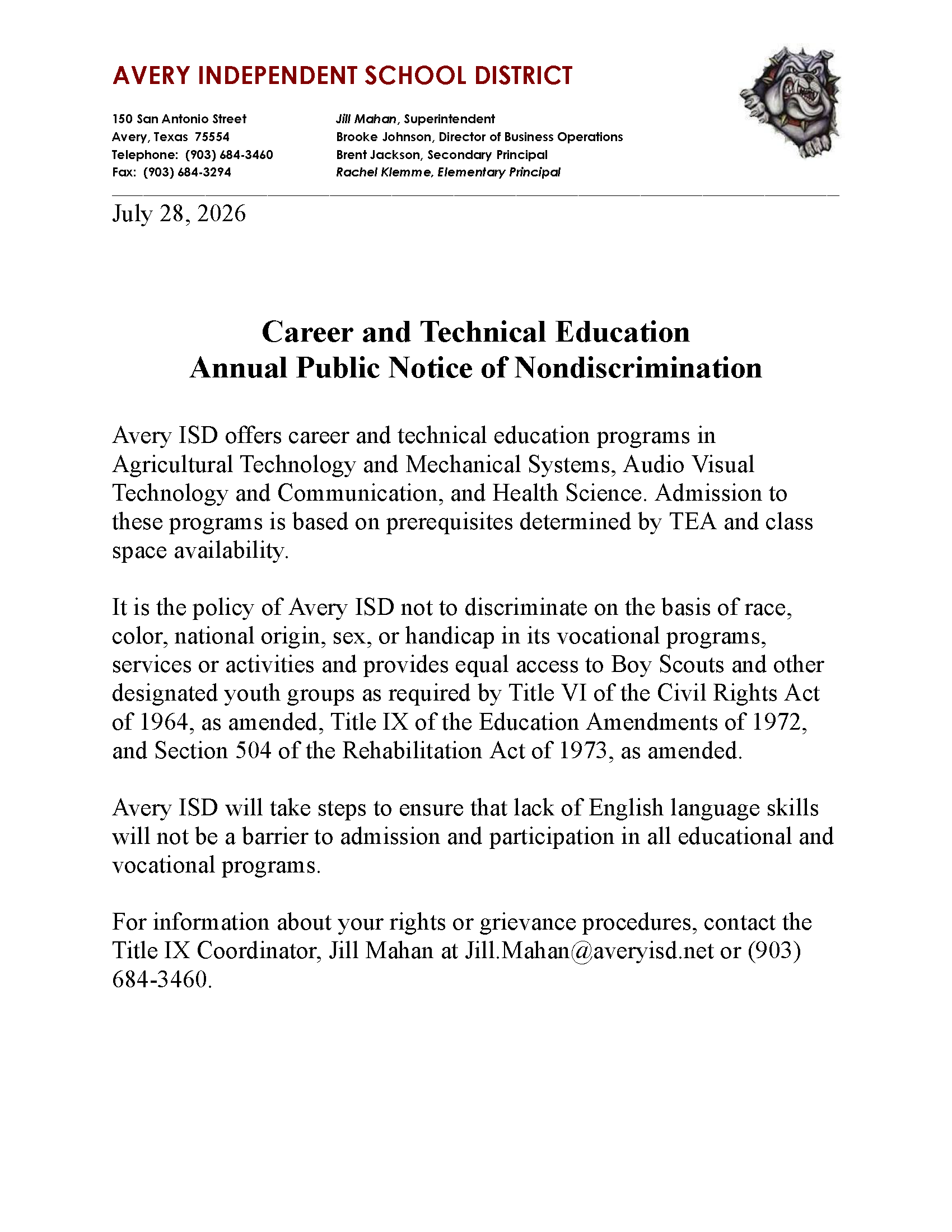 CTE Annual Public Notice of Nondiscrimination