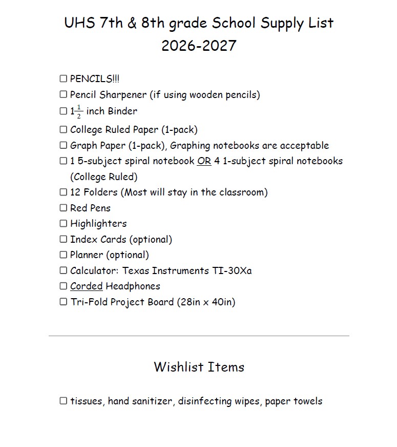 UHS 7th & 8th grade school supply list for 2026-2027, detailing required items like pencils, binders, paper, and folders.