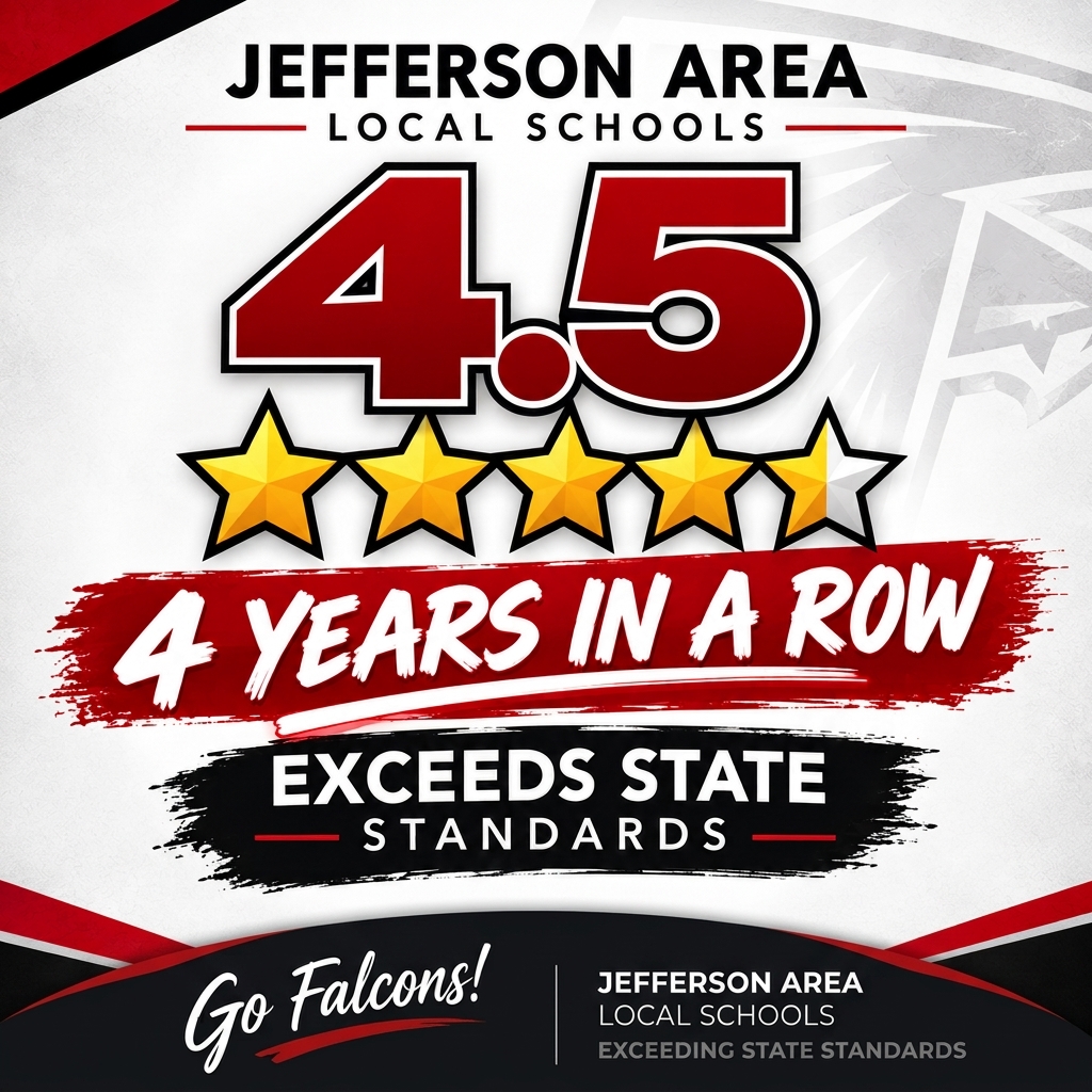 A graphic promoting Jefferson Area Local Schools, celebrating a 4.5 rating for four years in a row, exceeding state standards.