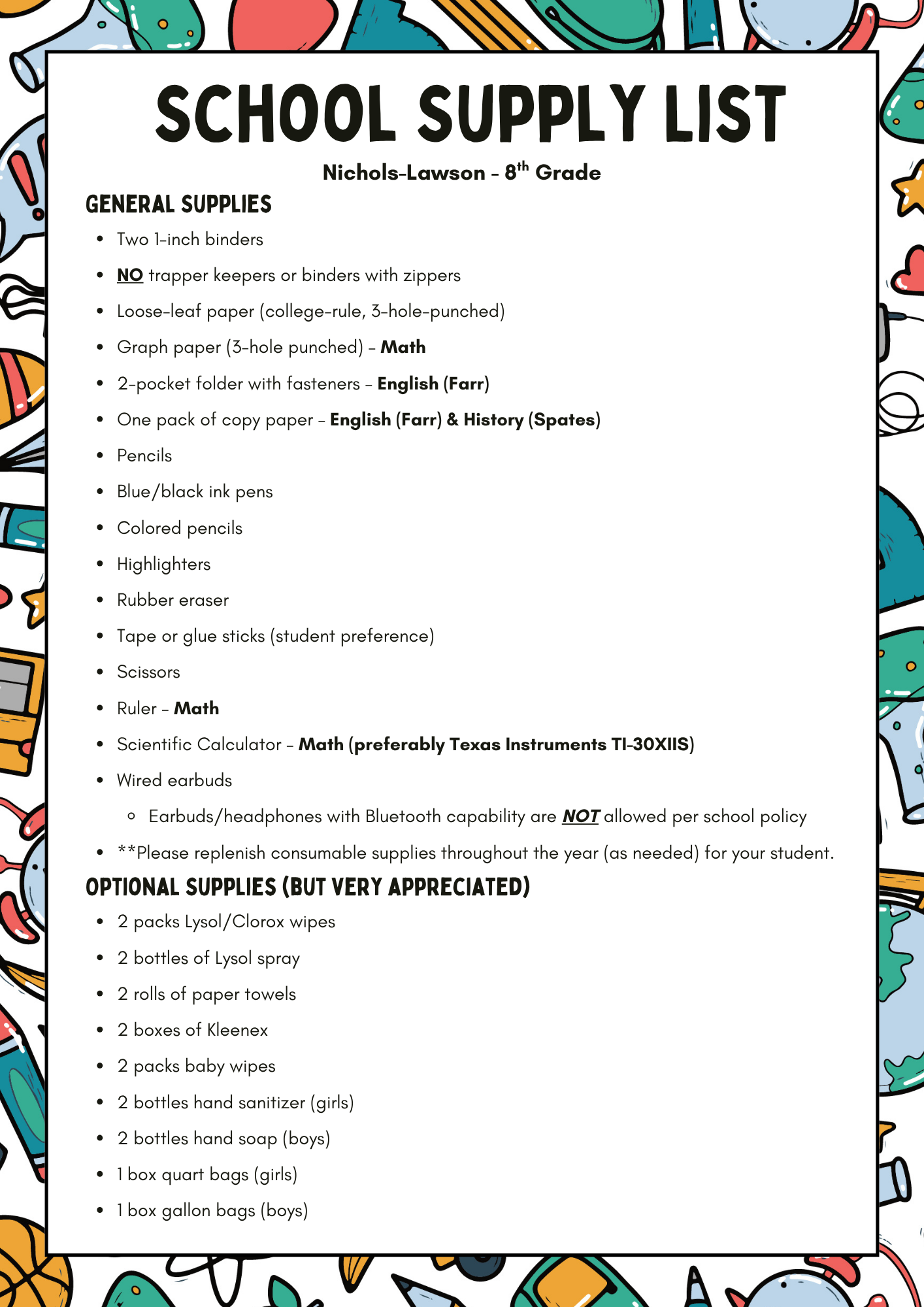 8th Grade Supply List