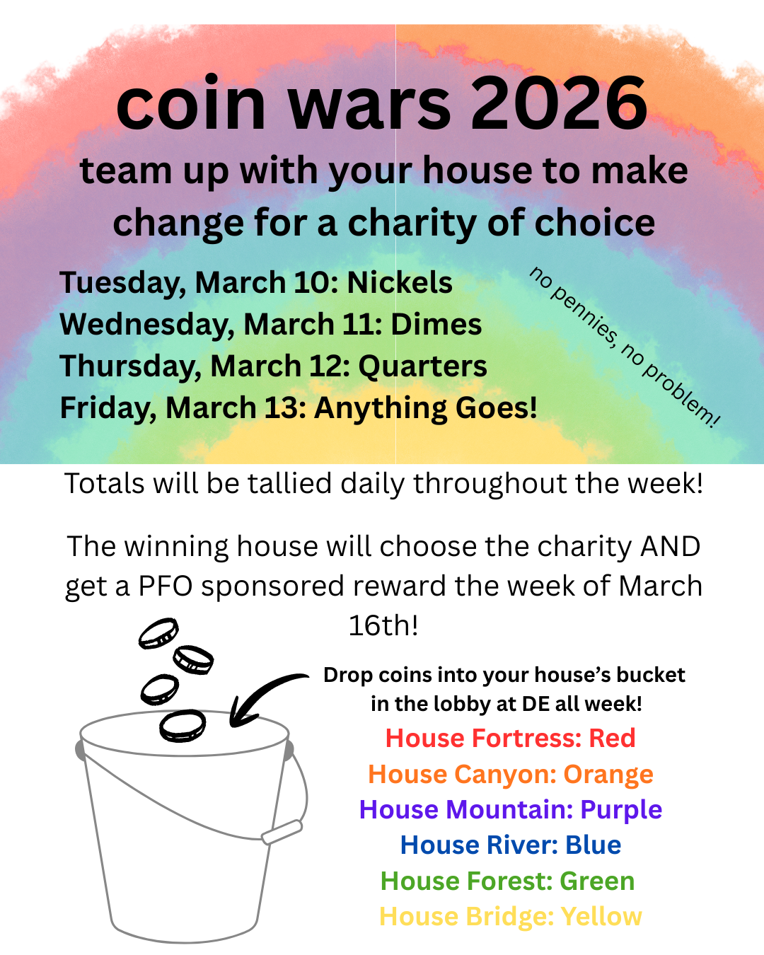 Poster for 'Coin Wars 2026' event, encouraging teams to collect change for charity.