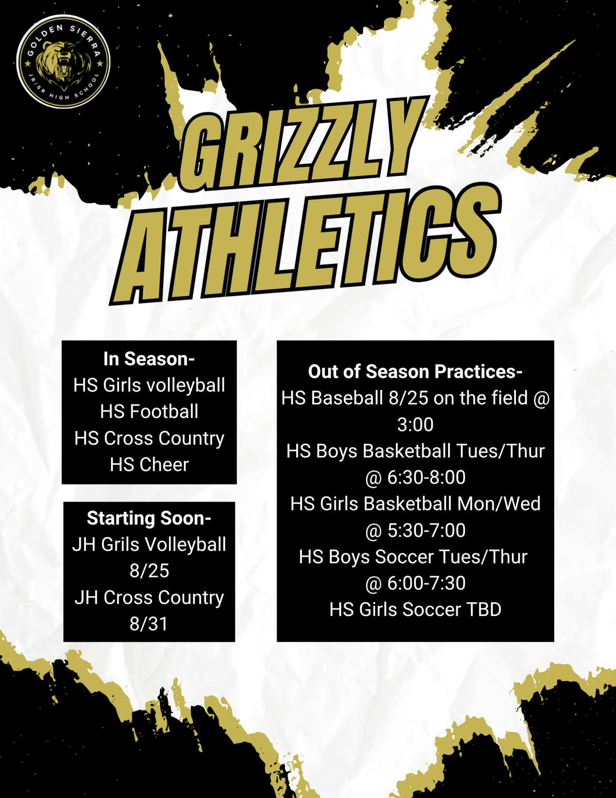 Upcoming Sports Practices!!