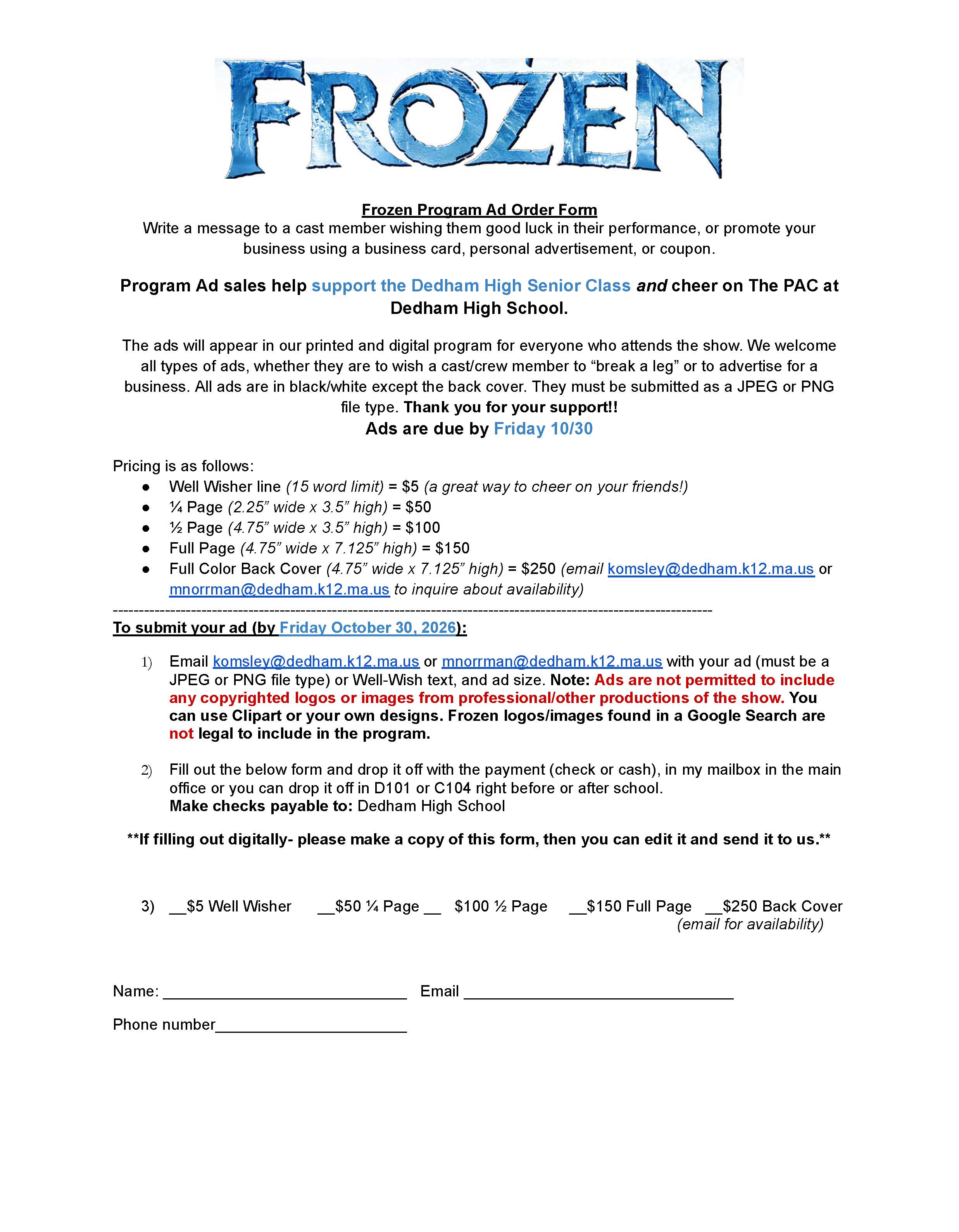 Frozen Playbook Ad Order Form