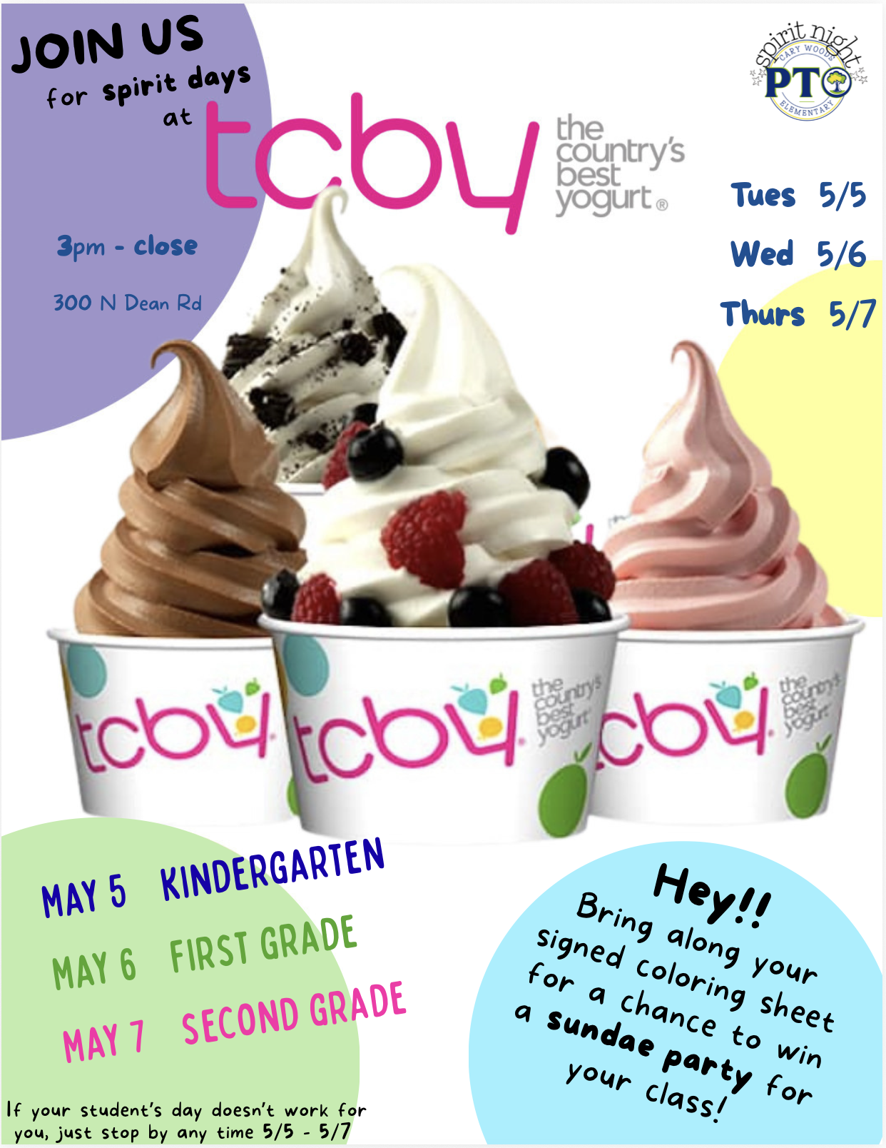 Three cups of TCBY yogurt, featuring chocolate, vanilla with berries, and strawberry flavors, are displayed with the brand logo.