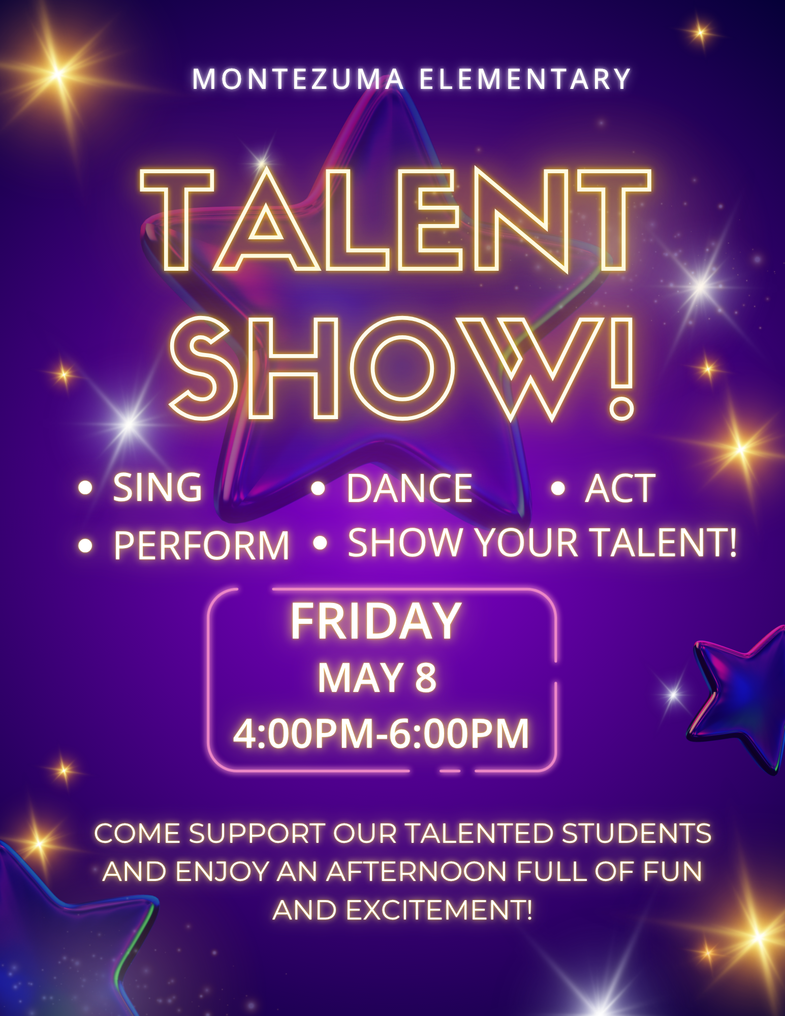 Montezuma Elementary Talent Show poster with neon text and stars.