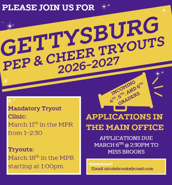 Announcement for Gettysburg Pep & Cheer Tryouts for the 2026-2027 school year.