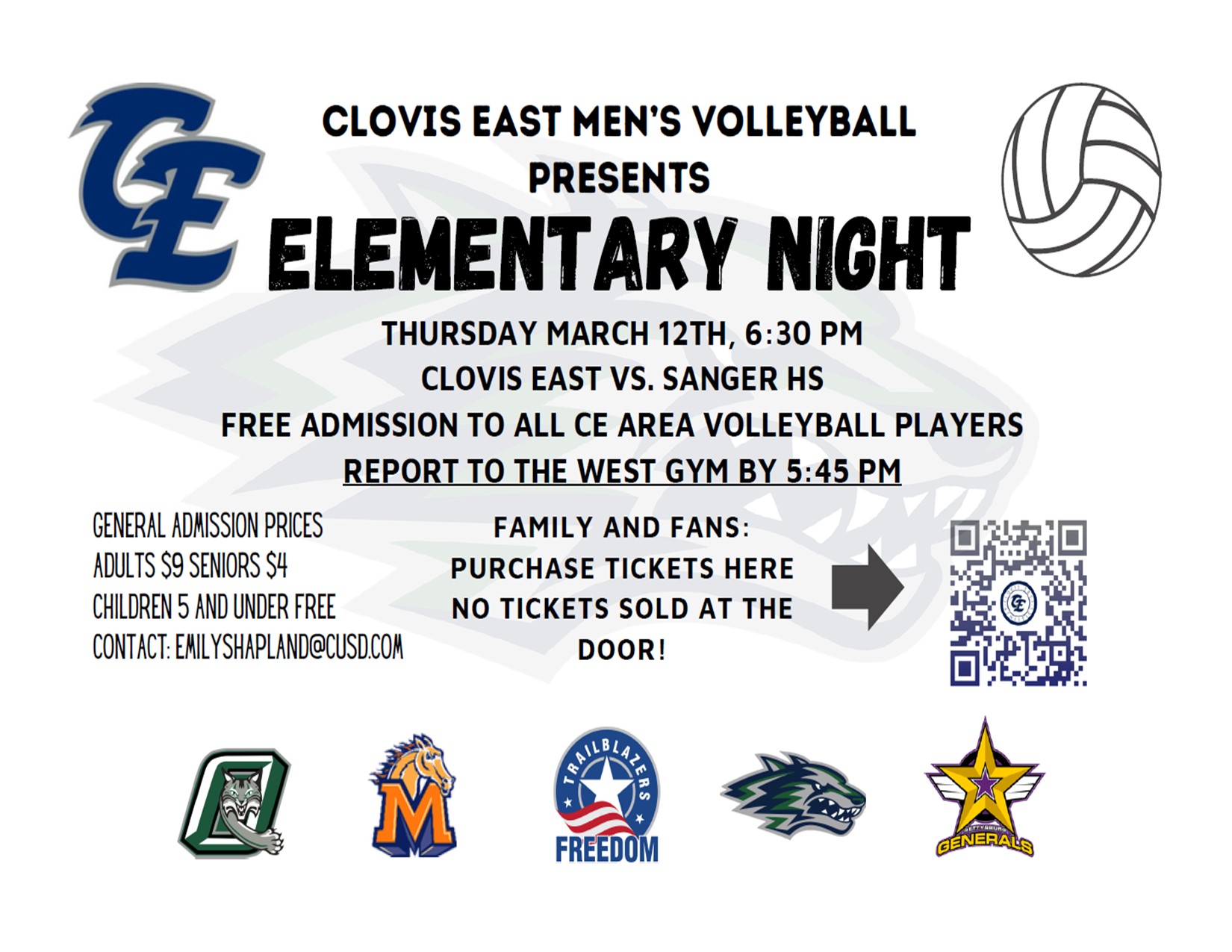 Poster for Clovis East Men's Volleyball Elementary Night on Thursday, March 12th at 6:30 PM.