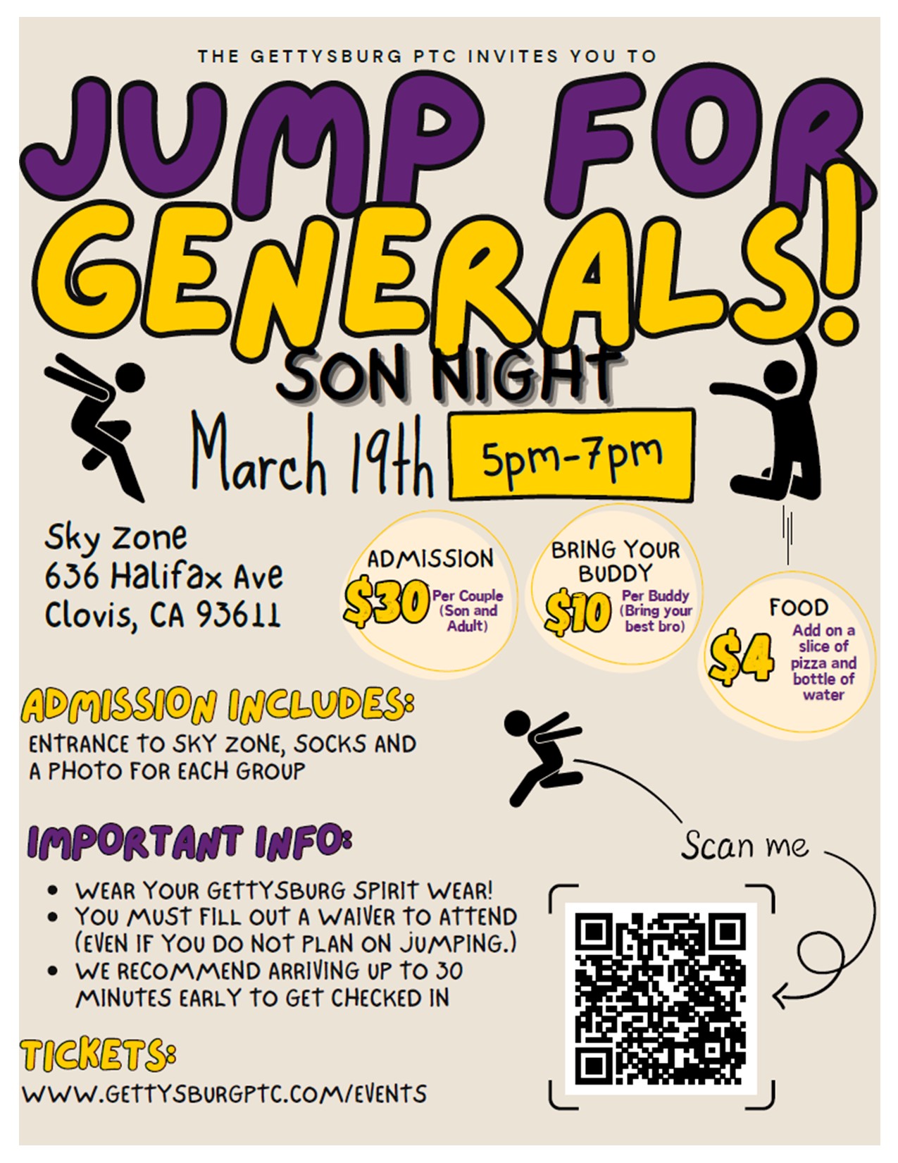 Poster for 'Jump for Generals! Son Night' hosted by The Gettysburg PTC at Sky Zone on March 19th from 5pm-7pm.