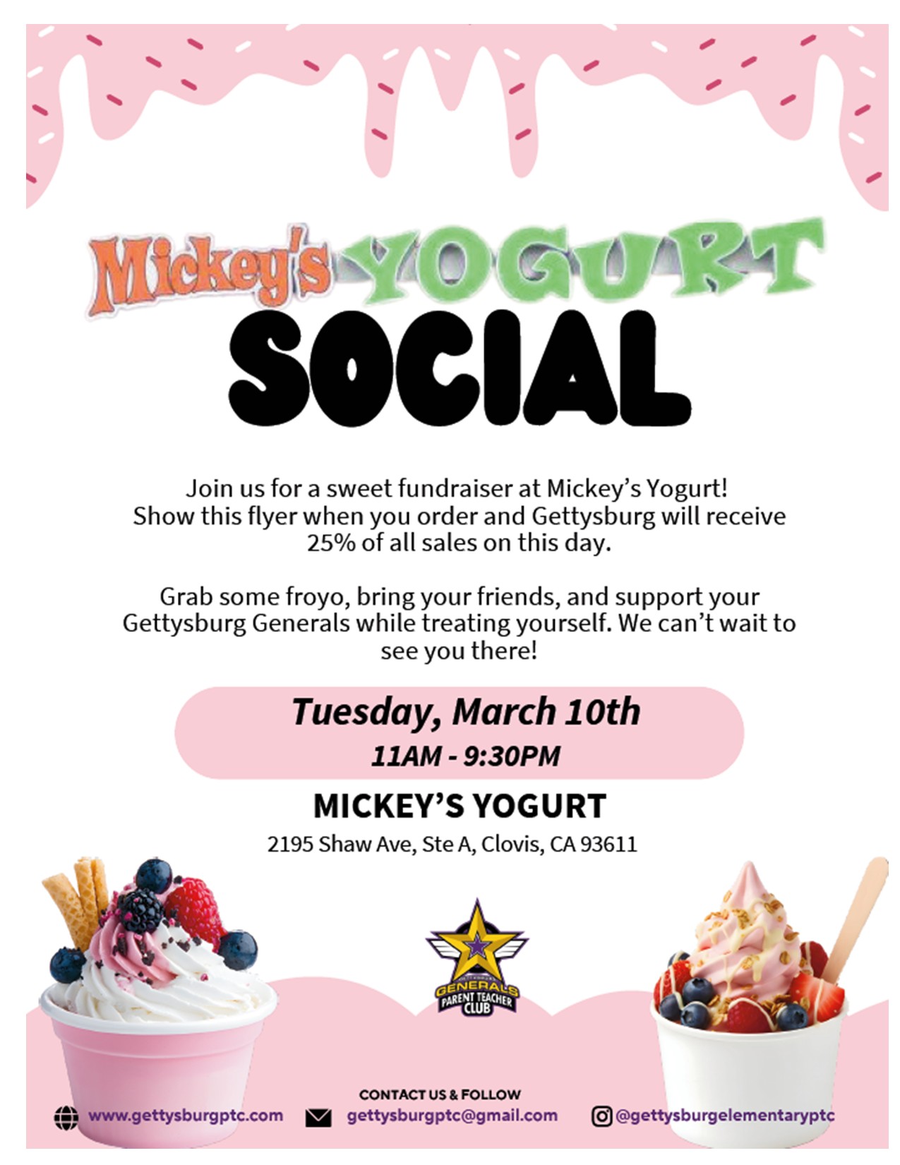 Flyer for Mickey's Yogurt Social fundraiser on Tuesday, March 10th, from 11 AM to 9:30 PM.