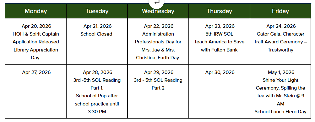 A calendar displays school events and dates from April 20 to May 1, 2026.