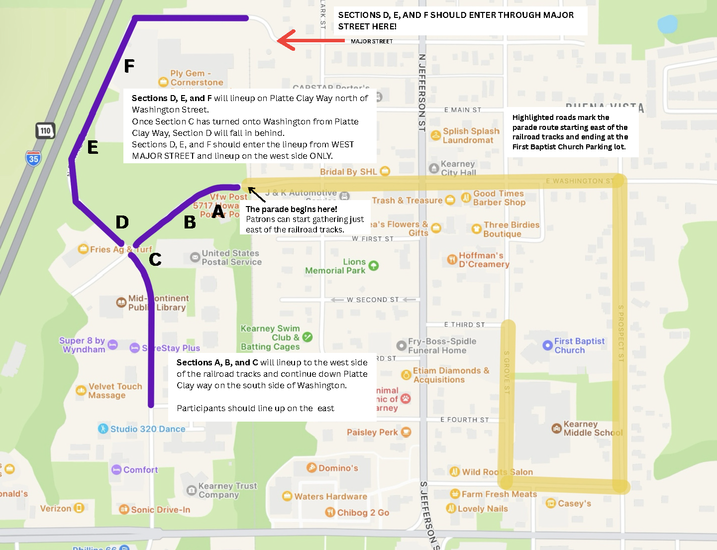 A town map with a highlighted parade route in yellow and purple, labeled with sections A through F and instructional text boxes.