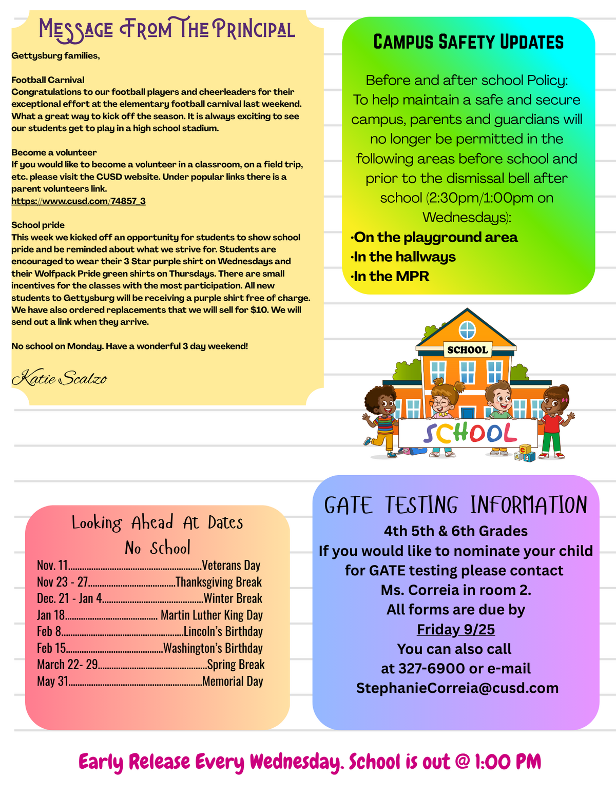A school newsletter with a message from the principal, campus safety updates, upcoming dates, and GATE testing information.