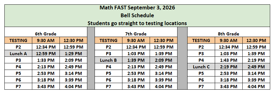 Bell schedule for Math FAST on September 3, 2026, for 6th, 7th, and 8th grades.