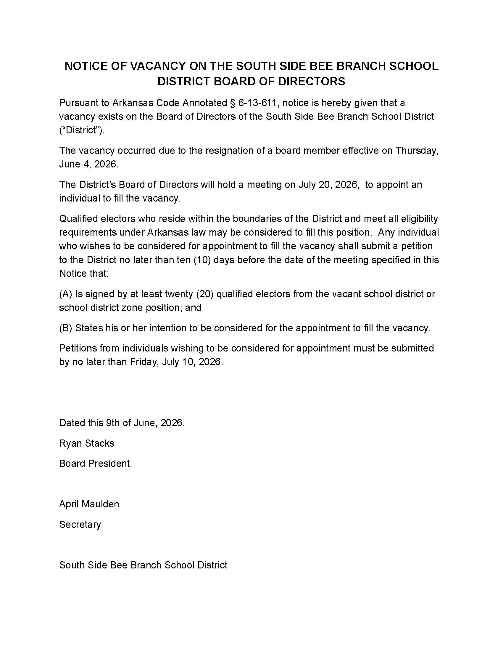 Notice of Vacancy on the South Side Bee Branch School District Board of Directors