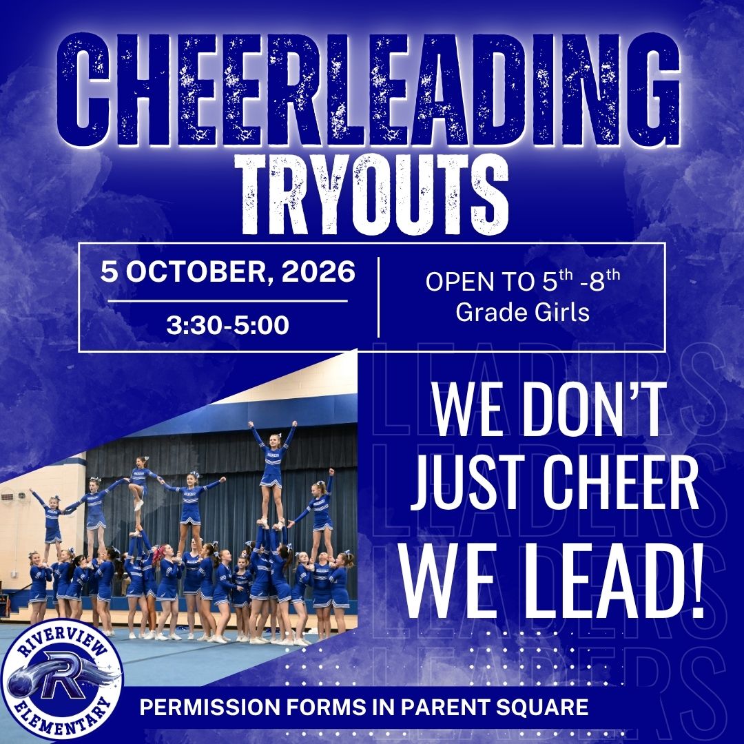 A blue-themed promotional flyer for cheerleading tryouts on October 5, 2026, for 5th to 8th-grade girls at Riverview Elementary.