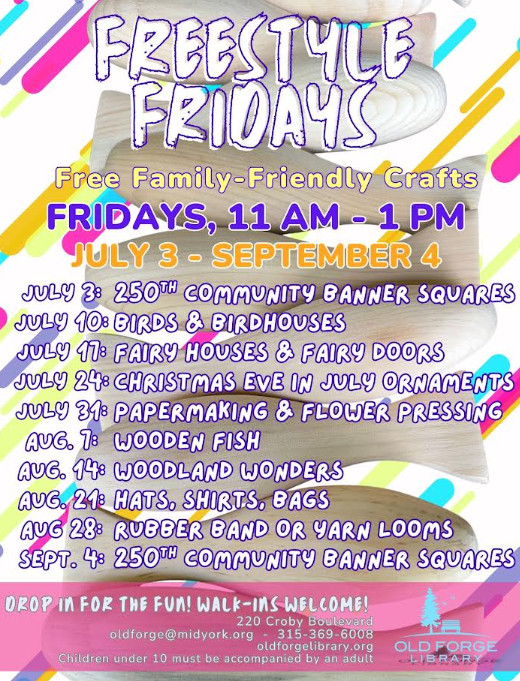 Poster for 'Freestyle Fridays' offering free family-friendly crafts at Old Forge Library.