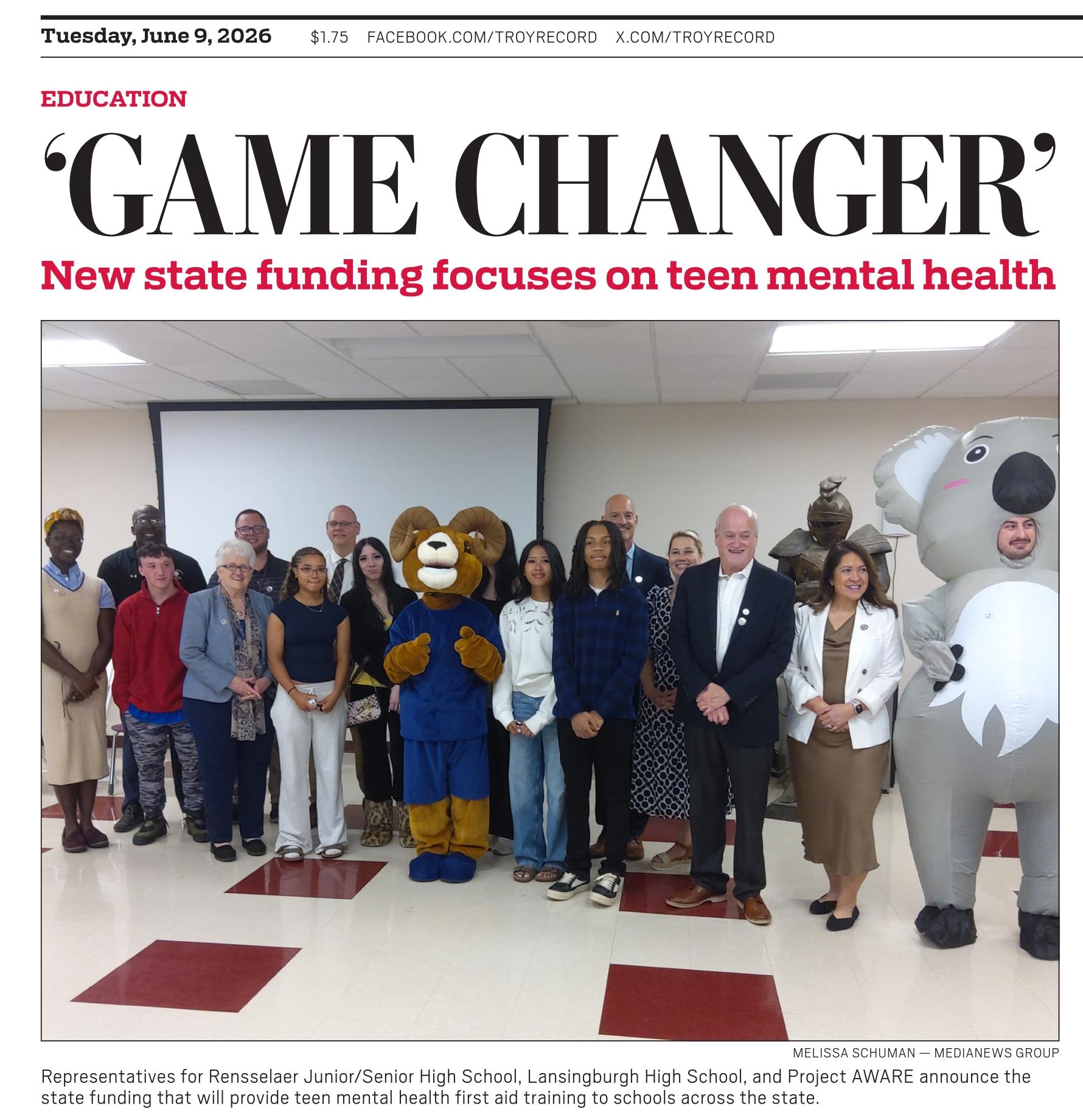 Rensselaer CSD and Project AWARE Featured on Front Page of The Troy Record
