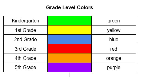 A table titled 'Grade Level Colors' displays grade levels from Kindergarten to 5th Grade with corresponding color swatches and color names.